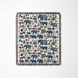 Alfie Elephant Cotton Blend Blanket Throw in Blue and Off-White, full view