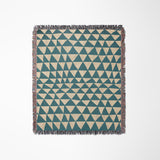 Asaba Abstract Cotton Throw Blanket in Teal and Beige, laid flat