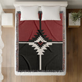 Asko Southwestern Cotton Blend Blanket Throw in Red, Black and Off-White, on a bed