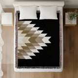 Bimisii Southwestern Cotton Blend Blanket Throw in Beige, Black and Off-White, on a bed