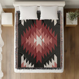 Caca Southwestern Cotton Blend Blanket Throw in Red, Black and Off-White, on a bed