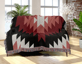 Caca Southwestern Cotton Blend Blanket Throw in Red, Black and Off-White, draped over a chair