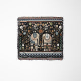 Cece Elephant Cotton Blend Blanket Throw in Black, Blue and Beige, laid flat