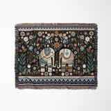 Cece Elephant Cotton Blend Blanket Throw in Black, Blue and Beige, laid flat
