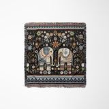 Cece Elephant Cotton Blend Blanket Throw in Black, Blue and Beige, laid flat