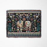 Cece Elephant Cotton Blend Blanket Throw in Black, Green and Yellow, laid flat