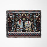 Cece Elephant Cotton Blend Blanket Throw in Black, Blue and Red, laid flat