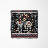 Cece Elephant Cotton Blend Blanket Throw in Black, Blue and Red, laid flat
