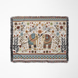 Cece Elephant Cotton Blend Blanket Throw in Beige, Blue and Off-White, laid flat