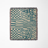 Cocodili Abstract Print Cotton Throw Blanket in Teal and Beige, laid flat