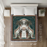Faya Tiger Cotton Blend Blanket Throw in Green and Orange, laid flat
