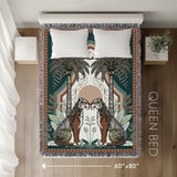 Faya Tiger Cotton Blend Blanket Throw in Green and Orange, laid flat