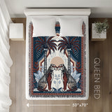 Faya Tiger Cotton Blend Blanket Throw in Red and Blue, laid flat