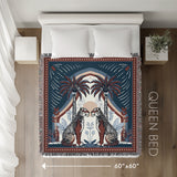 Faya Tiger Cotton Blend Blanket Throw in Red and Blue, laid flat