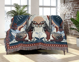 Faya Tiger Cotton Blend Blanket Throw in Red and Blue, draped over a chair