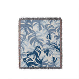 Monstera Leaf Cotton Throw Blanket in Blue, full view