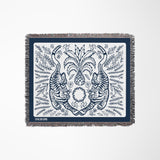 Hero Tibetan Tiger Cotton Blend Blanket Throw in Blue and Off-White, full view