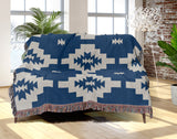 Hinto Southwestern Cotton Blend Blanket Throw in Blue and Off-White, draped over a chair