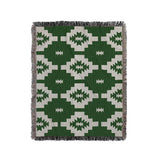 Hinto Southwestern Cotton Blend Blanket Throw in Green and Off-White, full view