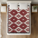 Hinto Southwestern Cotton Blend Blanket Throw in Red and Off-White, on a bed