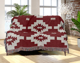 Hinto Southwestern Cotton Blend Blanket Throw in Red and Off-White, draped over a chair