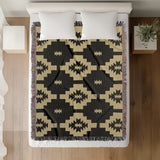 Hinto Southwestern Cotton Blend Blanket Throw in Dull Gold and Off-White, on a bed