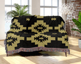 Hinto Southwestern Cotton Blend Blanket Throw in Dull Gold and Off-White, draped over a chair