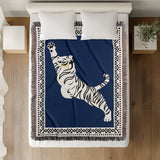 Kat Tiger Cotton Blend Blanket Throw in Blue and Off-White, full view