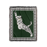 Kat Tiger Cotton Blend Blanket Throw in Green and Off-White, full view