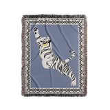 Kat Tiger Cotton Blend Blanket Throw in Light Blue and Off-White, full view