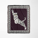 Kat Tiger Cotton Blend Blanket Throw in Purple and Off-White, full view