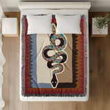 Kotu Snake Cotton Blend Blanket Throw in Red, Brown, Beige and Gray, on a bed