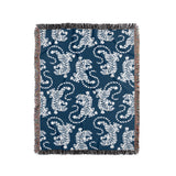 Leonard Tiger Cotton Blend Blanket Throw in Blue and Off-White, full view