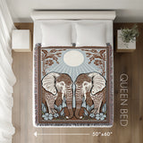 Lim Elephant Cotton Blend Blanket Throw in Beige, Blue and Off-White, laid flat