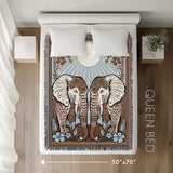 Lim Elephant Cotton Blend Blanket Throw in Beige, Blue and Off-White, laid flat