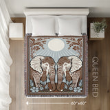 Lim Elephant Cotton Blend Blanket Throw in Beige, Blue and Off-White, laid flat
