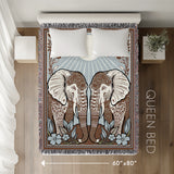 Lim Elephant Cotton Blend Blanket Throw in Beige, Blue and Off-White, laid flat