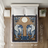 Lim Elephant Cotton Blend Blanket Throw in Black, Blue and Red, laid flat