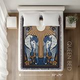 Lim Elephant Cotton Blend Blanket Throw in Black, Blue and Red, laid flat