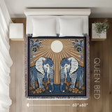 Lim Elephant Cotton Blend Blanket Throw in Black, Blue and Red, laid flat