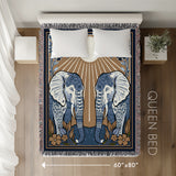 Lim Elephant Cotton Blend Blanket Throw in Black, Blue and Red, laid flat