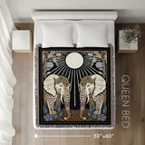Lim Elephant Cotton Blend Blanket Throw in Black, Green and Yellow, laid flat