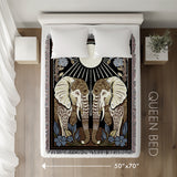 Lim Elephant Cotton Blend Blanket Throw in Black, Green and Yellow, laid flat