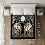Lim Elephant Cotton Blend Blanket Throw in Black, Green and Yellow, laid flat