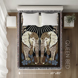 Lim Elephant Cotton Blend Blanket Throw in Black, Green and Yellow, laid flat