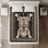 Roy Tiger Cotton Blend Blanket Throw in Black, on a bed