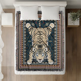 Roy Tiger Cotton Blend Blanket Throw in Blue, on a bed