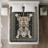 Roy Tiger Cotton Blend Blanket Throw in Emerald, on a bed