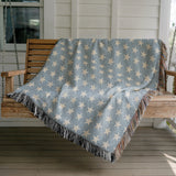 Stella Cotton Blend Blanket Throw in Light Blue and Off-White, draped over a chair