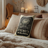 Strength Blooms Faux Linen Lumber Pillow in Beige; Black - Size 14x20